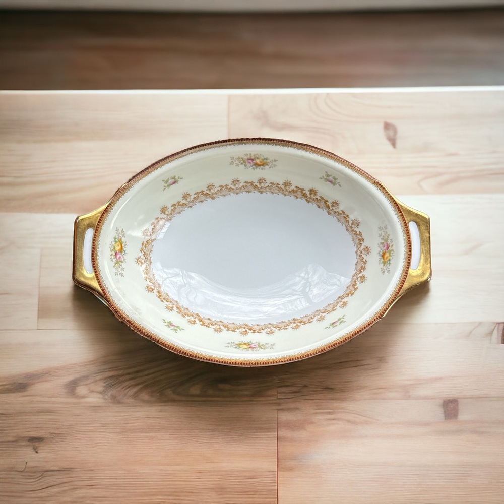 Vintage Oval Vegetable Dish, F&B Made in Japan Floral Pink Yellow & Gold